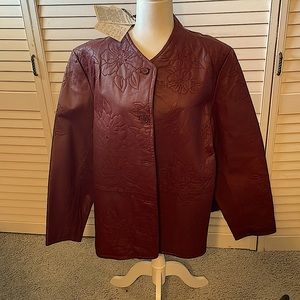 Burgundy Leather Blazer with Embroidered flowers